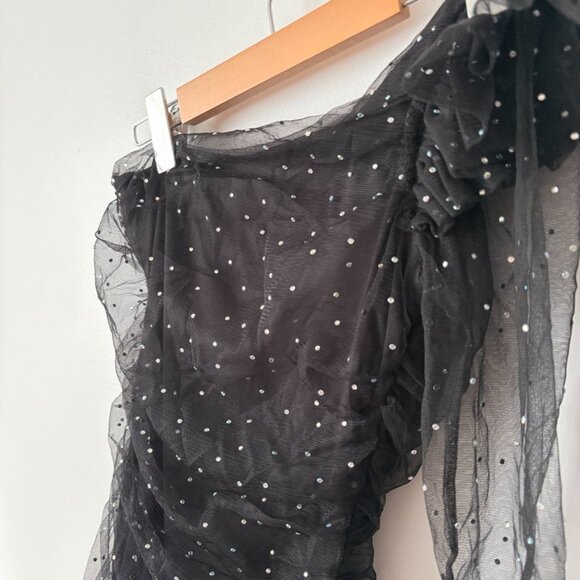 Zara Glitter Organza One Sleeve Mini Dress Black Size Small - Picture 8 of 10